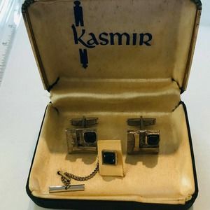Vintage Kasmir Cuff Links tie tack Silver Tone Blue Green stone Square geometric